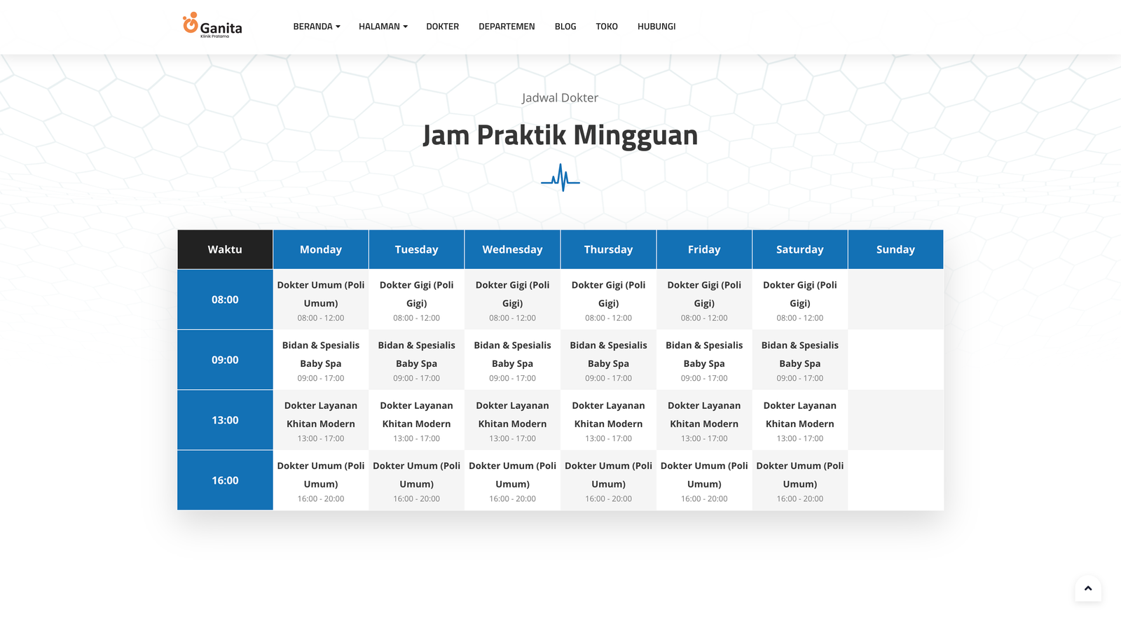 Screenshot Jadwal Praktik Mingguan Klinik Ganita