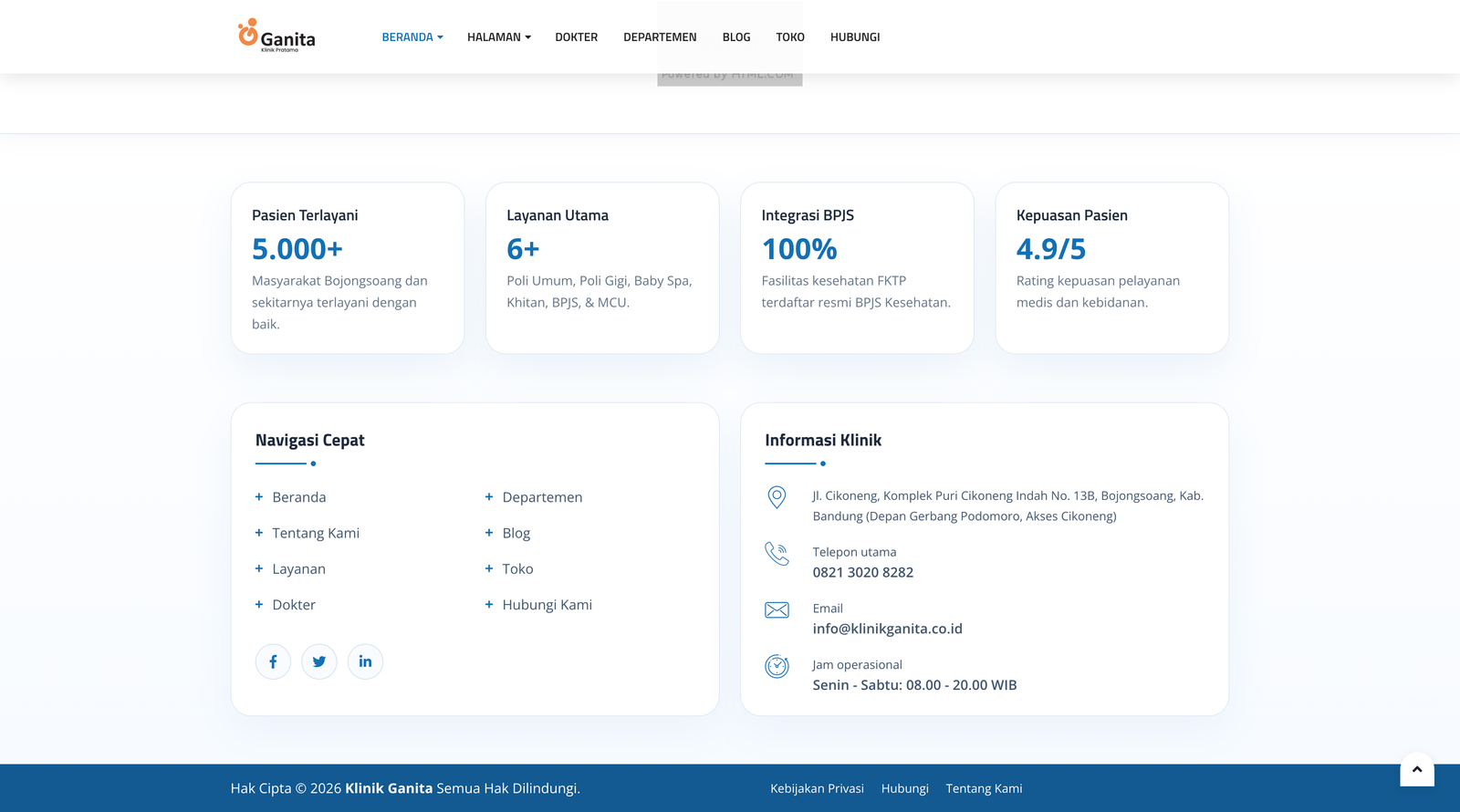 Screenshot Informasi Klinik & Footer Klinik Ganita