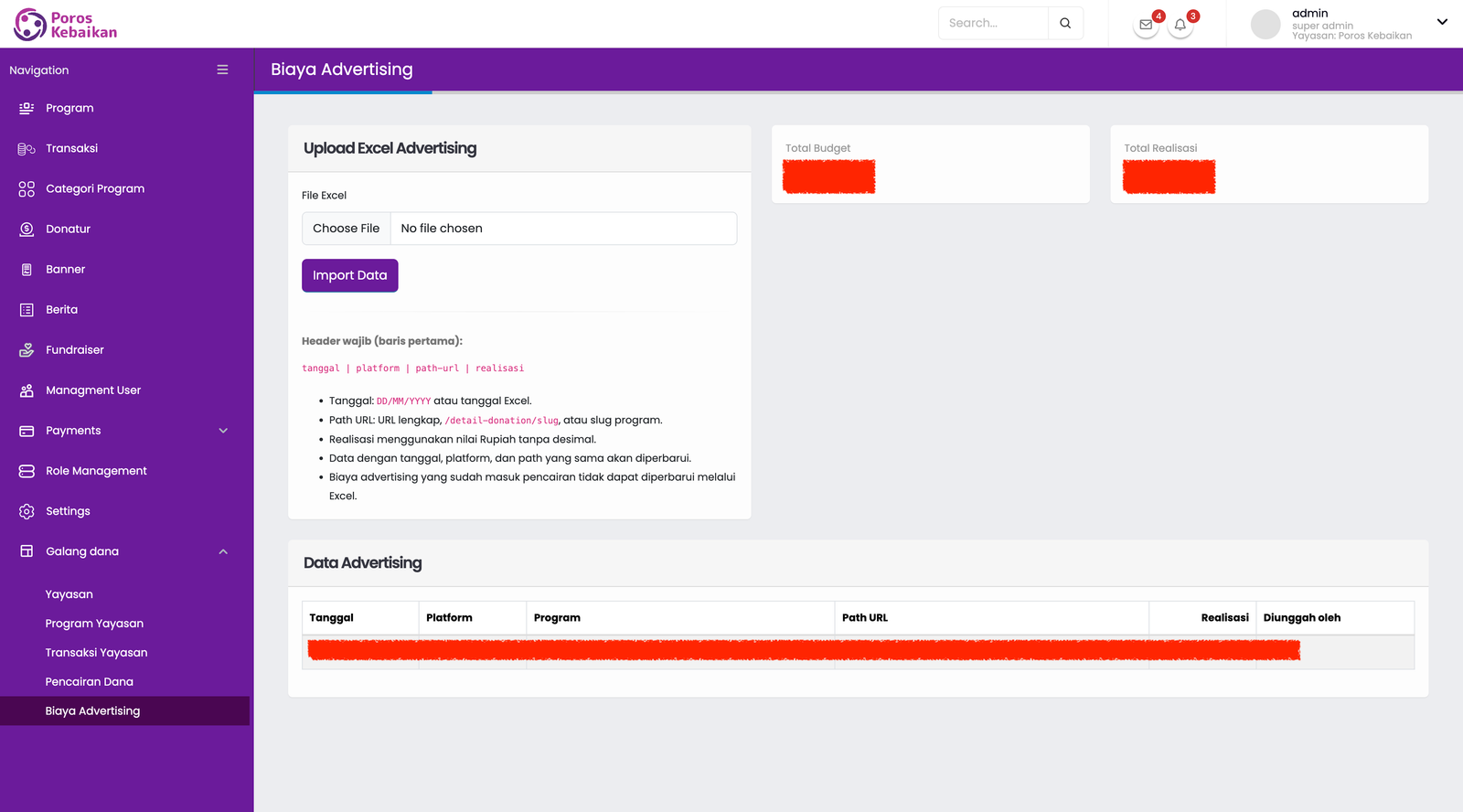 Screenshot Biaya Advertising Poros Kebaikan admin