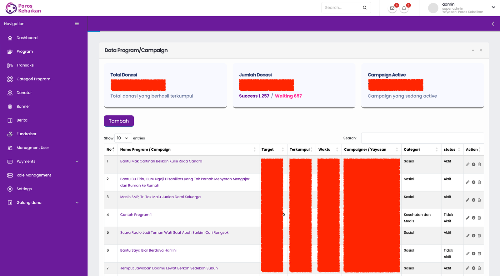 Screenshot Program & Campaign Poros Kebaikan admin