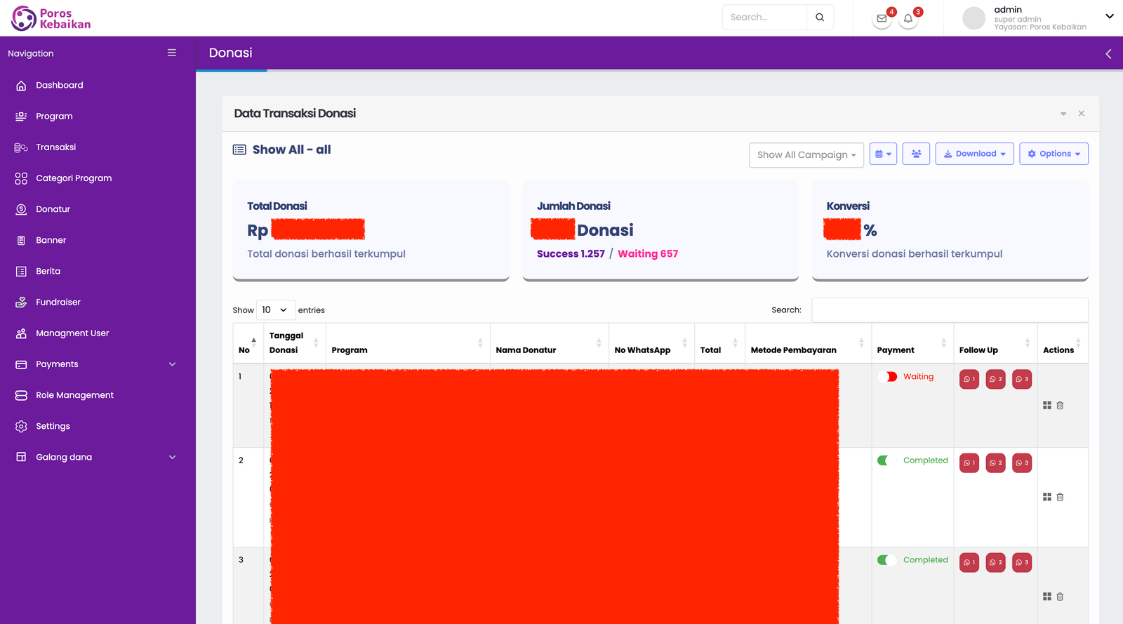 Screenshot Transaksi Donasi Poros Kebaikan admin