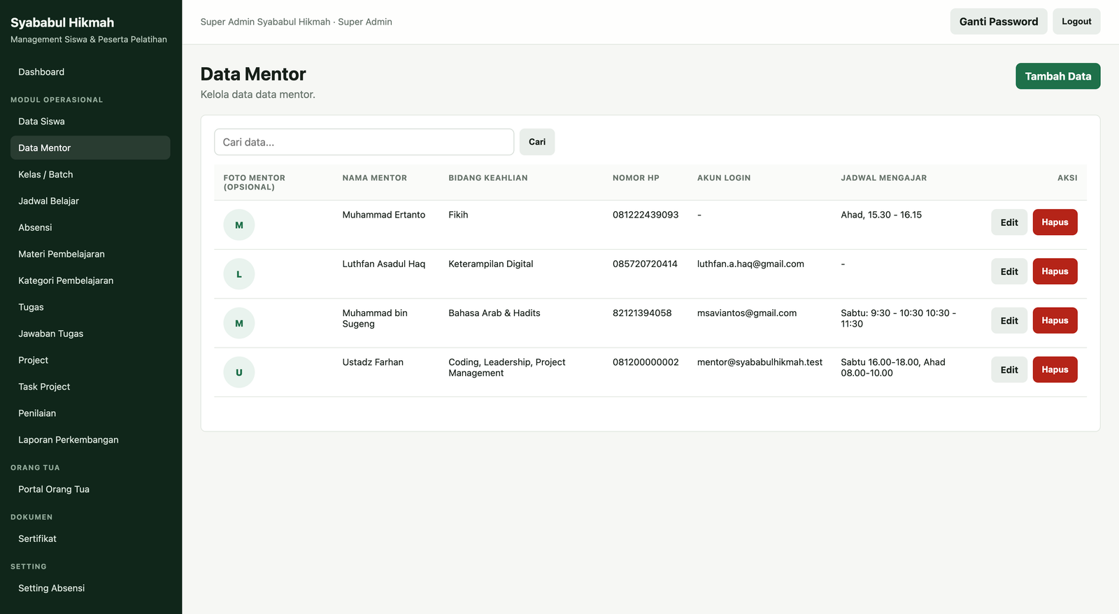 Screenshot Data Mentor SYAL Al-Hikmah