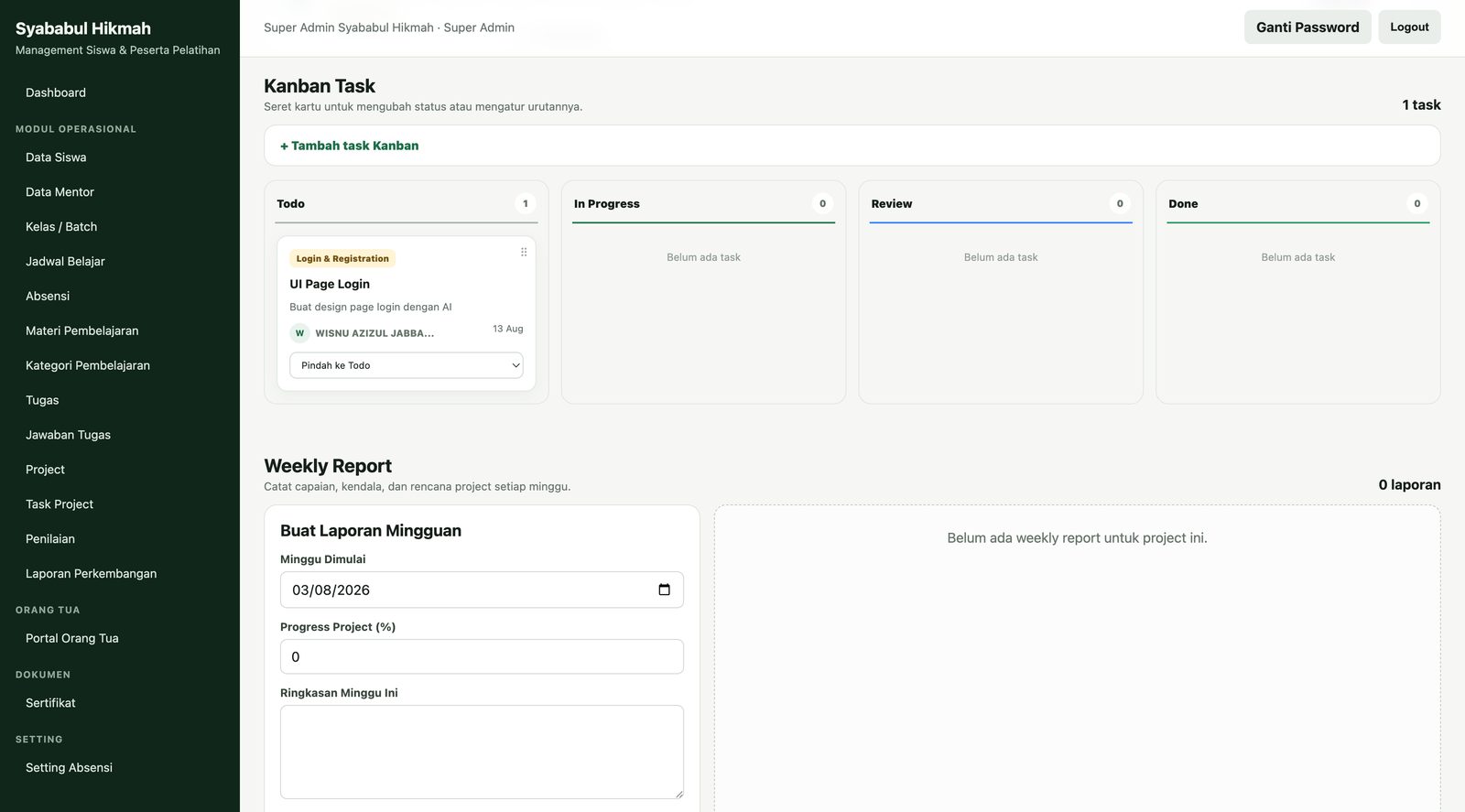 Screenshot Kanban Task & Weekly Report SYAL Al-Hikmah
