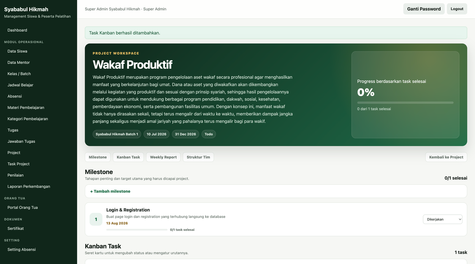 Screenshot Detail Project & Milestone SYAL Al-Hikmah