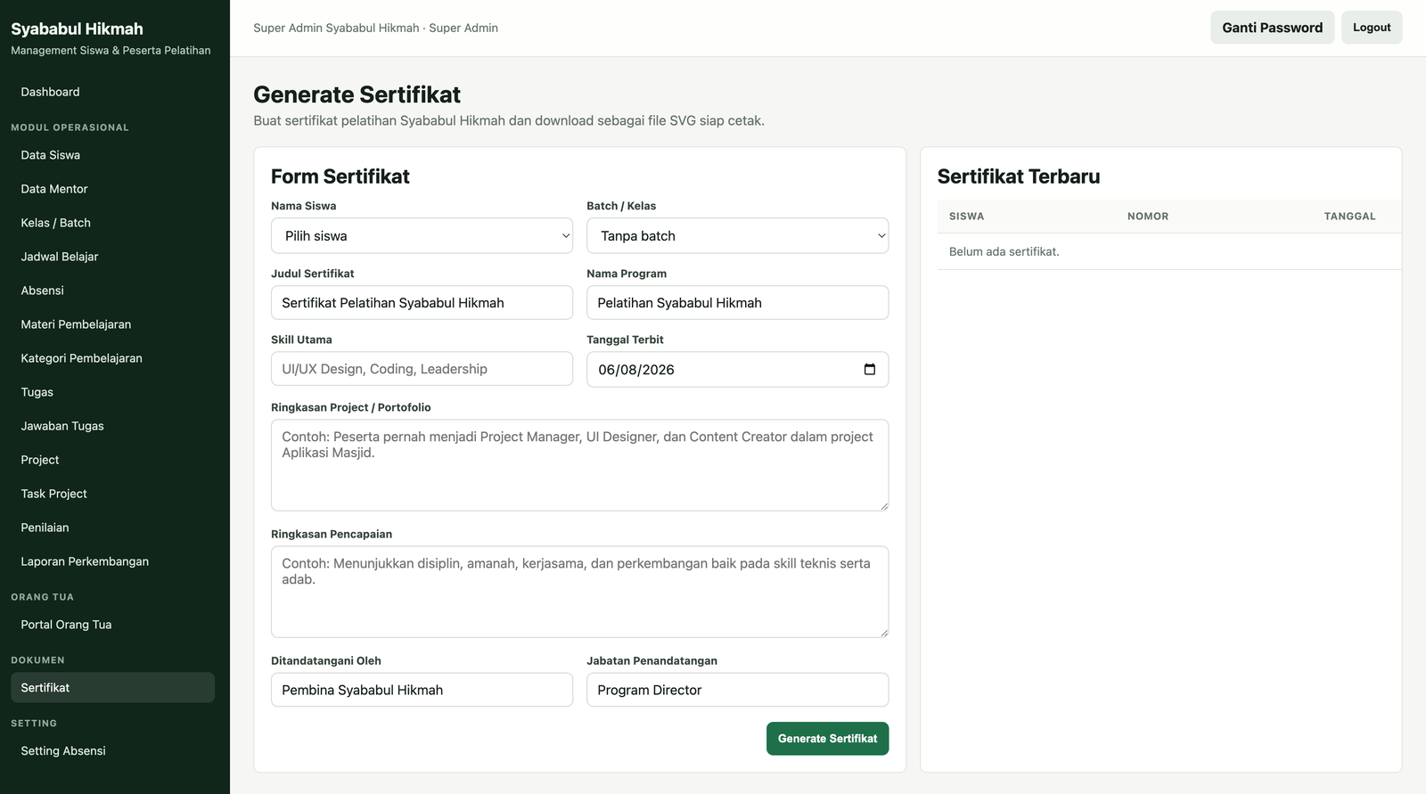 Screenshot Generate Sertifikat SYAL Al-Hikmah