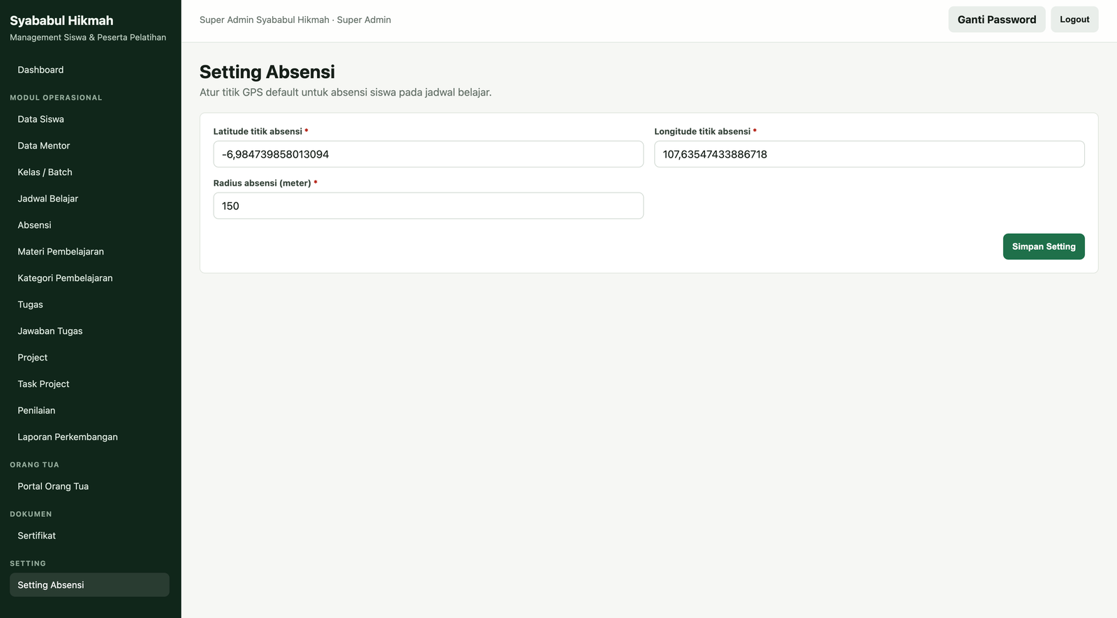 Screenshot Setting Absensi GPS SYAL Al-Hikmah